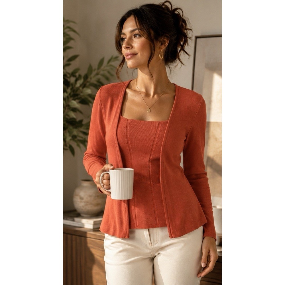 Belldini Coral Orange Knit Tank Top &‎ Cardigan Sweater Set Size L